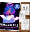 Carte de colorat pentru adulti, 50 de ilustratii, Anime Angel Girls, 106 pagini