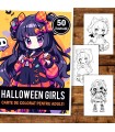 Carte de colorat, 50 de ilustratii, Chibi Halloween Girls, 106 pagini